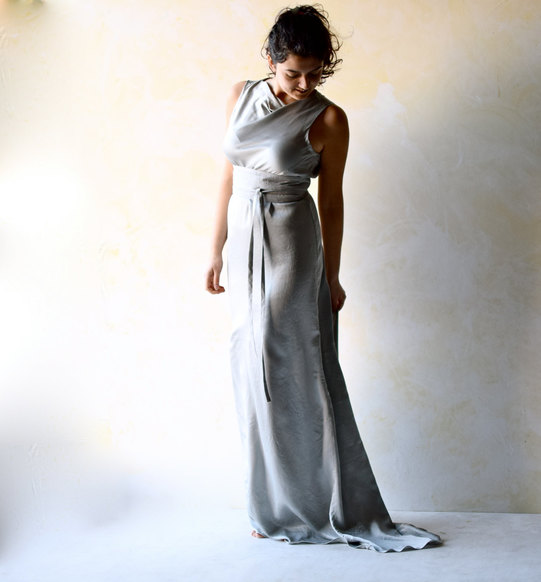 Picture silver wedding dresses, coloured wedding dresses for less than £500, grey sating wedding dress, grey Grecian wedding dress, cheap grey wedding dress, affordable grey wedding dress, Alt Text